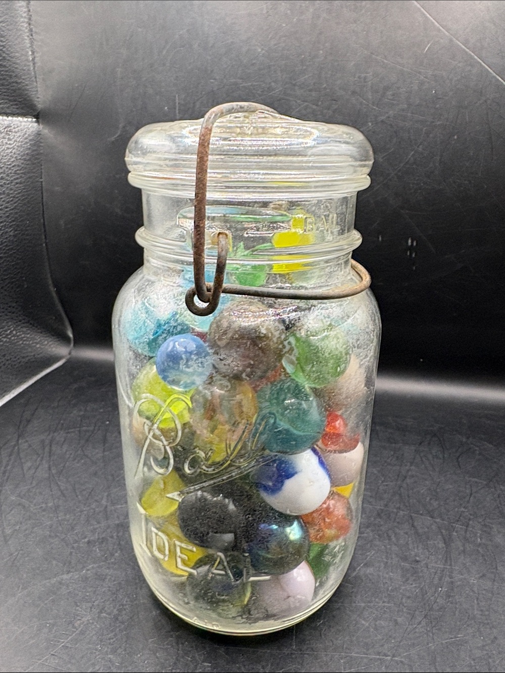 Vintage Ball Mason Jar Filled with Colorful Glass Marbles